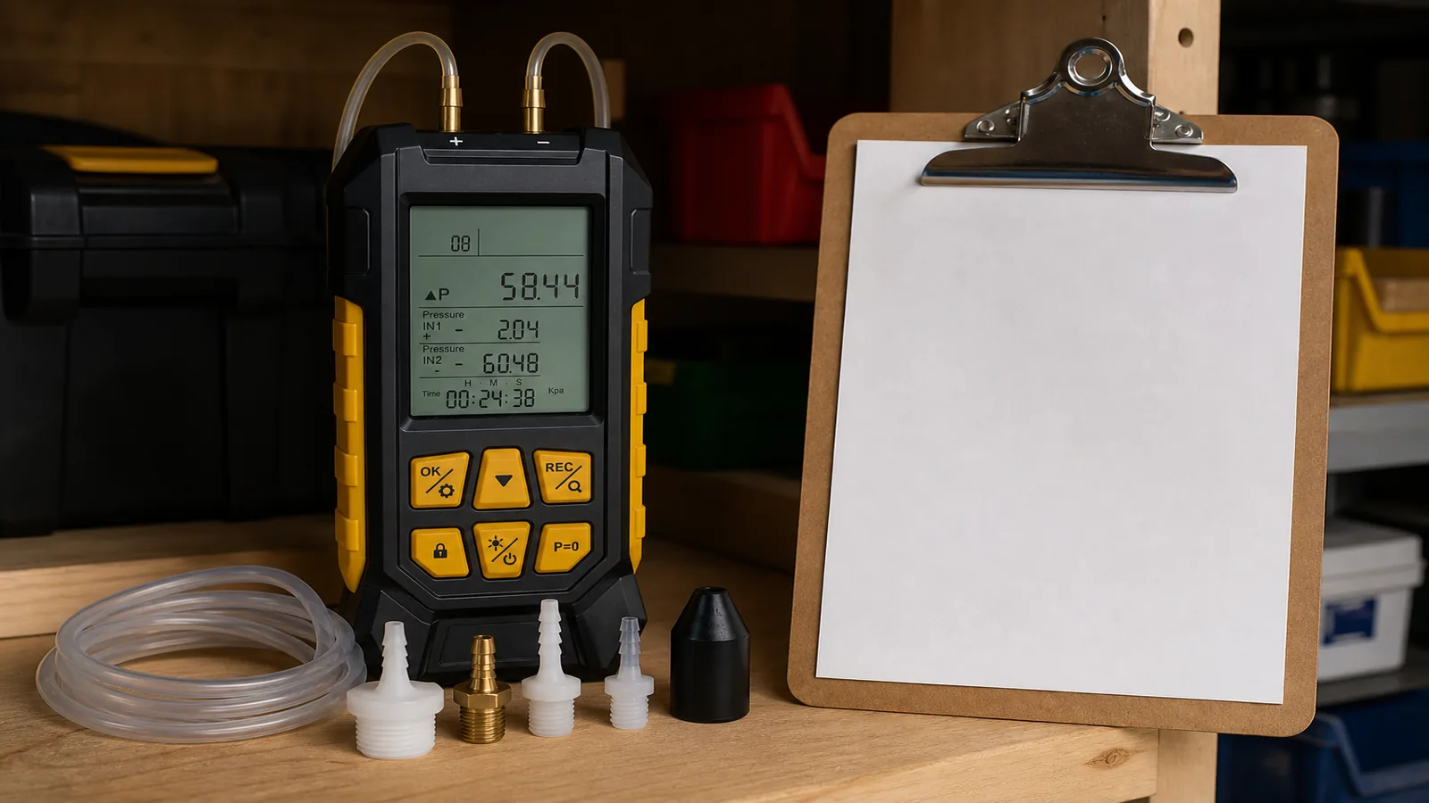 Buying checklist concept with a digital manometer kit