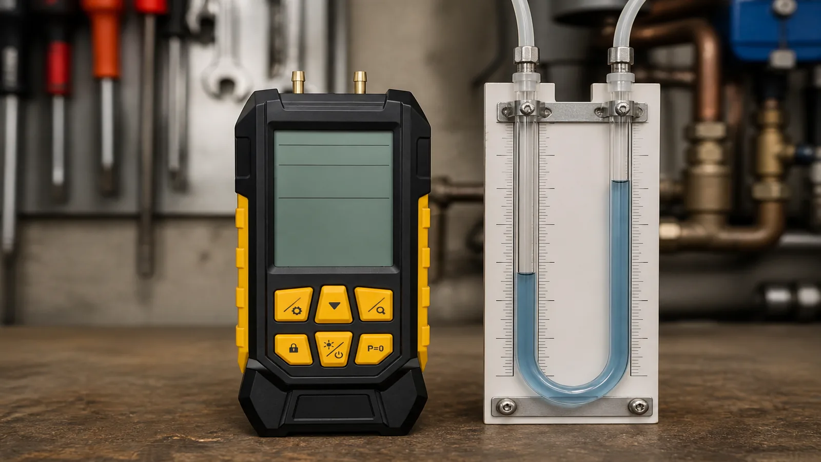 Digital manometer beside a U-tube gauge on a UK workbench